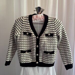 Stylish Black & Cream Striped Shein Cardigan with Gold Buttons